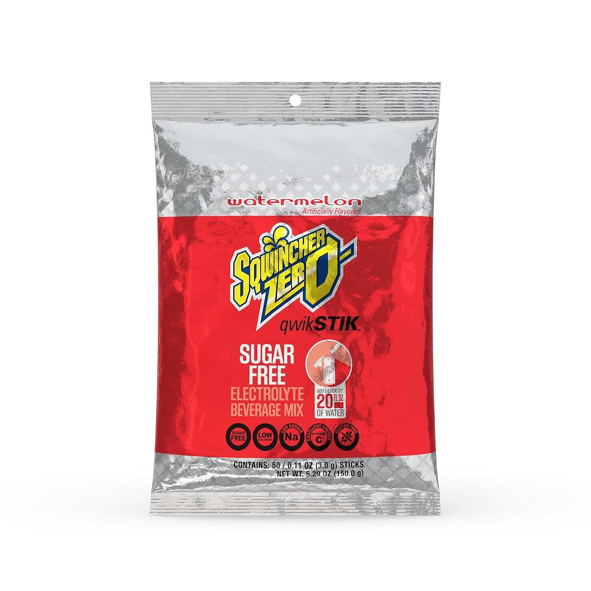 Sqwincher Zero Qwik Stik Sugar Free Electrolyte Powder Packets, Watermelon, 0.11 oz, Makes 20 oz, 50 Count